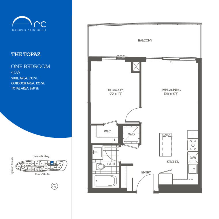 The Topaz 1 Bedroom Floor Plan, Daniels Arc Condos